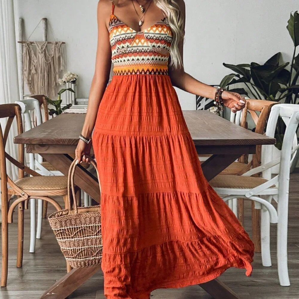 Orange Boho Women's Vacation Style Geometric Stripe Contrast Color Layered Dress